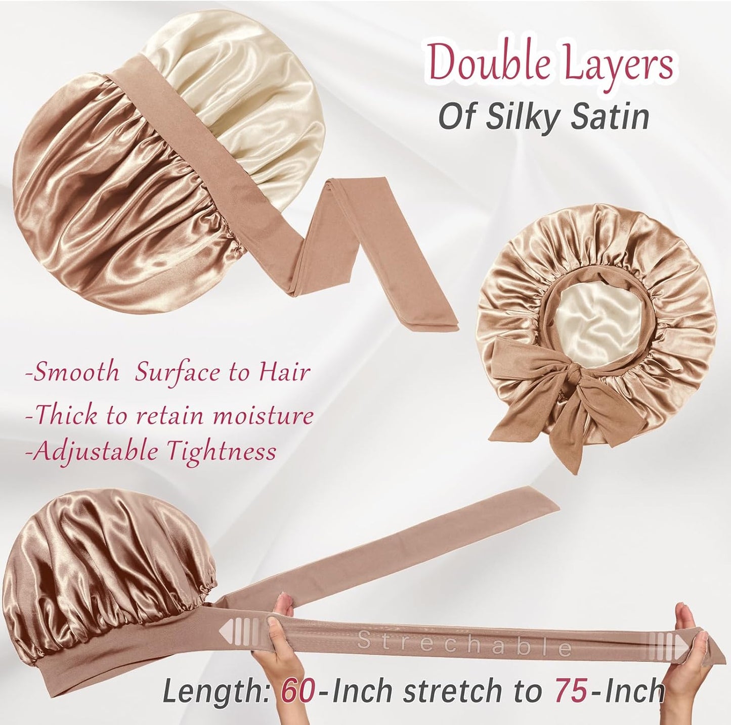 Double Layered Silk Satin Bonnet with Tie for Sleeping Black Women, Wide Band Large Hair Wrap Sleep Cap for Curly Hair Braid