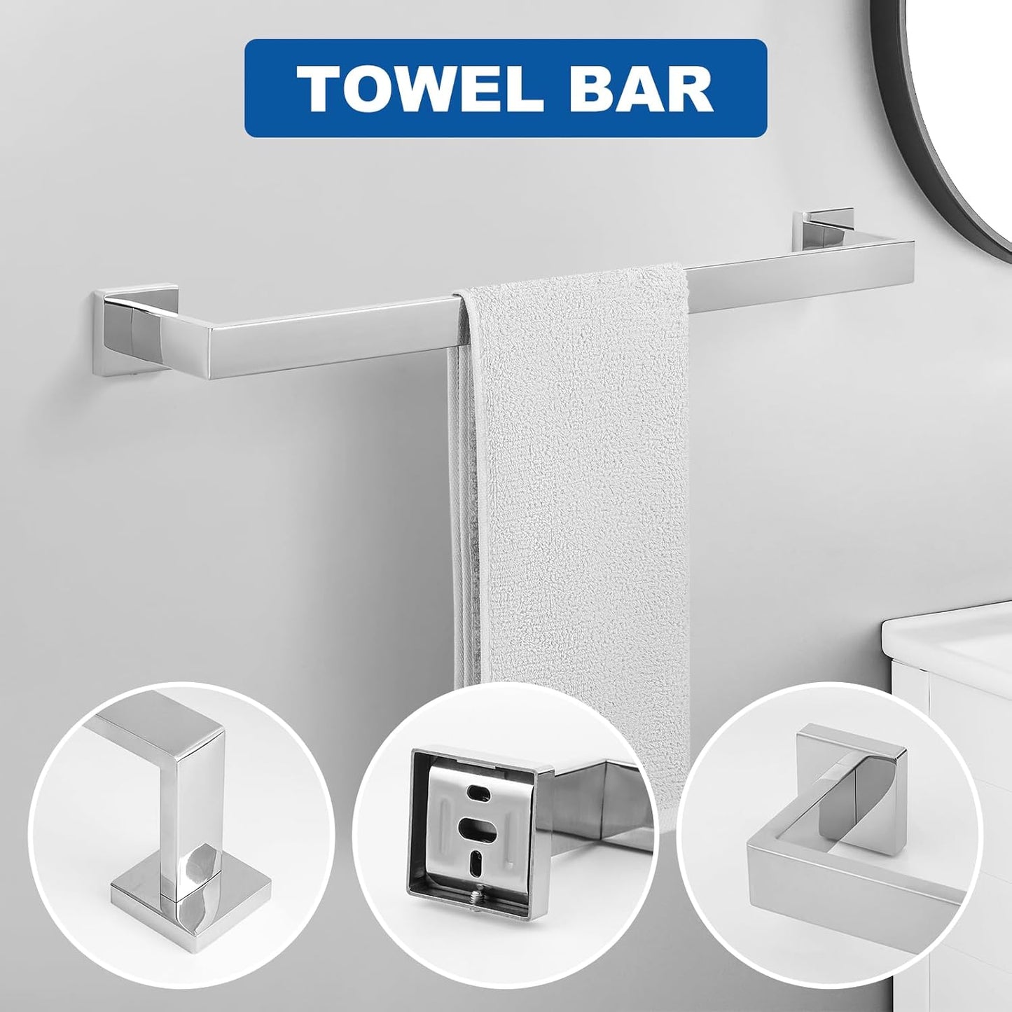 Cilee 15-Pieces Bathroom Hardware Set - Polished Chrome Bathroom Accessories, 24 Inch Towel Bar, Square Towel Ring, Toilet Paper Holder, Towel Hook, Wall-Mounted Stainless Steel Towel Bar Rack Set