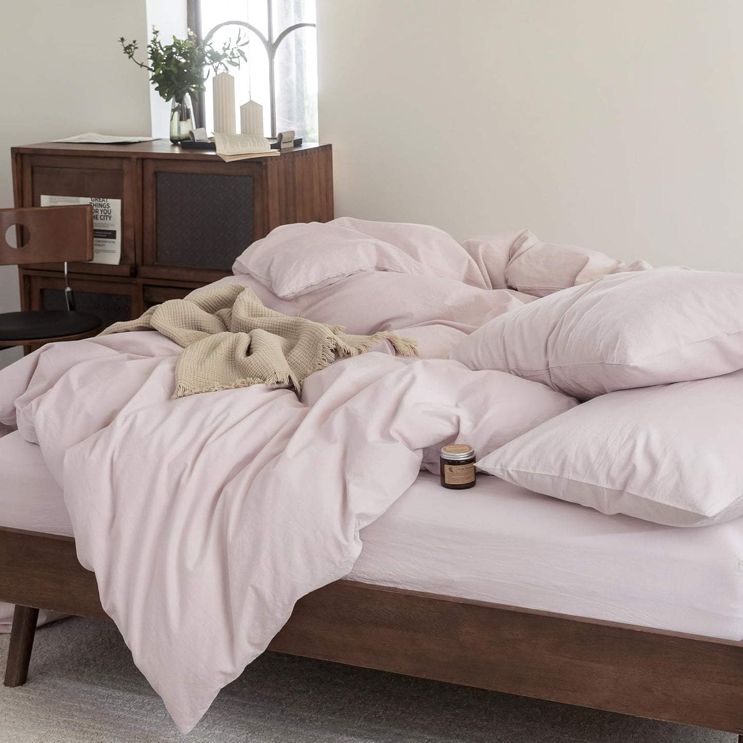 FOSSA Duvet Cover Set 100% Washed Cotton Linen Feel Super Soft Breathable Cozy 3 Pieces Bedding Sets Solid Greyish Pink Super King Plus