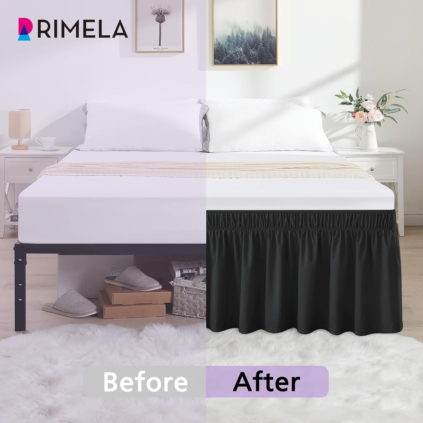 RIMELA Black Bed Skirt King Size 25 Inch Drop, Elastic Bed Skirting for Bed Base and Frame, Bedding Dust Ruffle Easy to Install, Lightweight Comforter Set with Wrap Around Adjustable Bedskirt