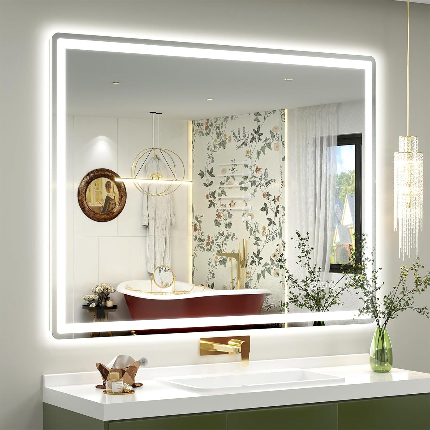 SMIROR LED Bathroom Mirror with Lights 44"x 36", Rounded Rectangle Lighted Vanity Mirror for Wall, Front Lit and Backlit, 3 Colors, Dimmable, Anti-Fog, Tempered Glass (Horizontally/Vertically)