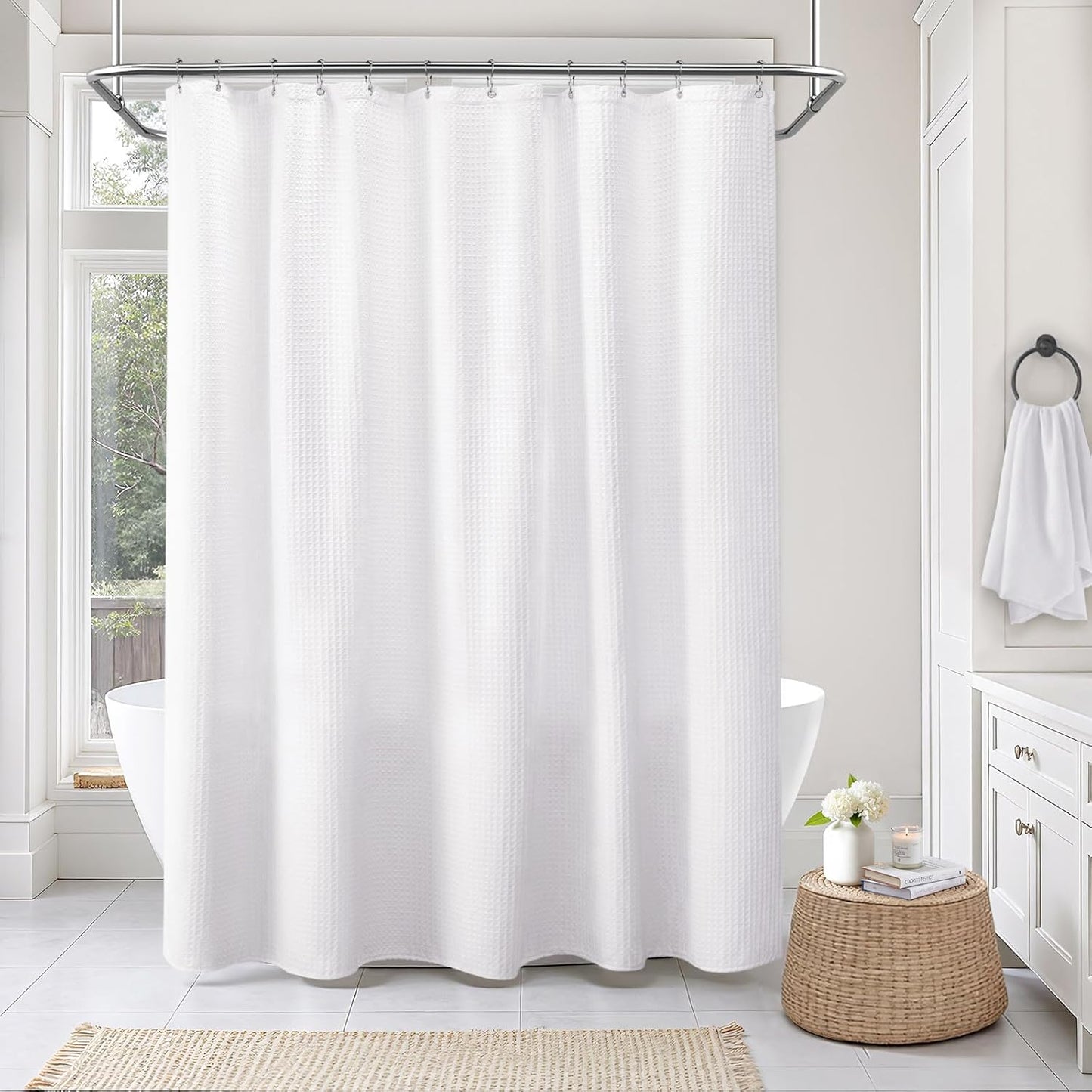Stall Waffle Shower Curtain - White Cotton Fabric Texture Heavyweight Shower Curtain for Narrow Bathroom，Washable，48Wx72L
