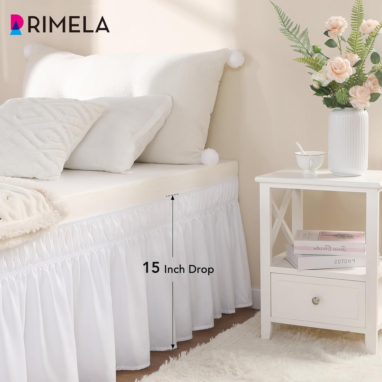 RIMELA White Bed Skirt Twin Size 15 Inch Drop, Elastic Bed Skirting for Bed Base and Frame, Bedding Dust Ruffle Easy to Install, Lightweight Wrap Around Adjustable Bedskirt
