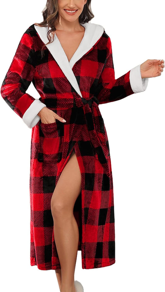 Ekouaer Womens Plush Robes Long Soft Jacquard Fluffy Bathrobe Hooded Robe Sleepwear with Pockets