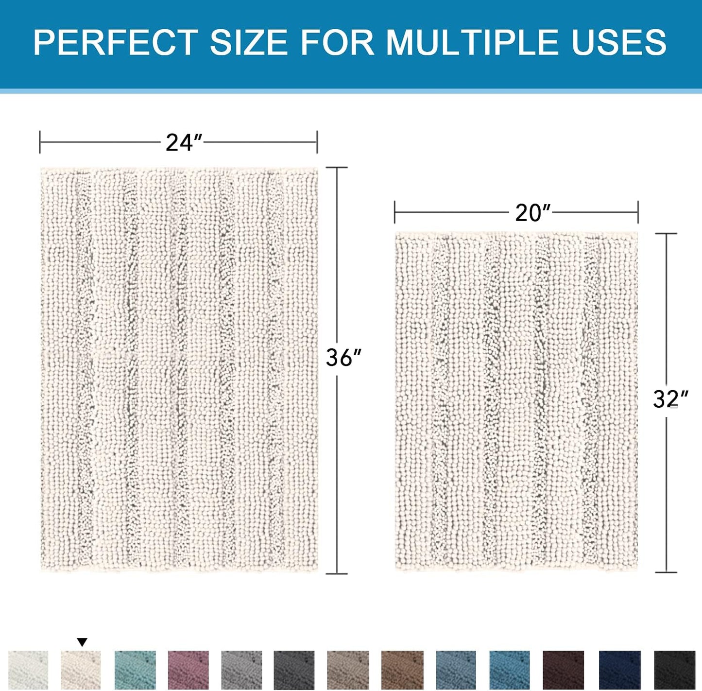 H.VERSAILTEX 2 Piece Bathroom Set - Super Absorbent Chenille Striped Bath Mats, Non Skid, Machine Washable (Ivory, 24 x 36 Plus 20 x 32 - Inches)