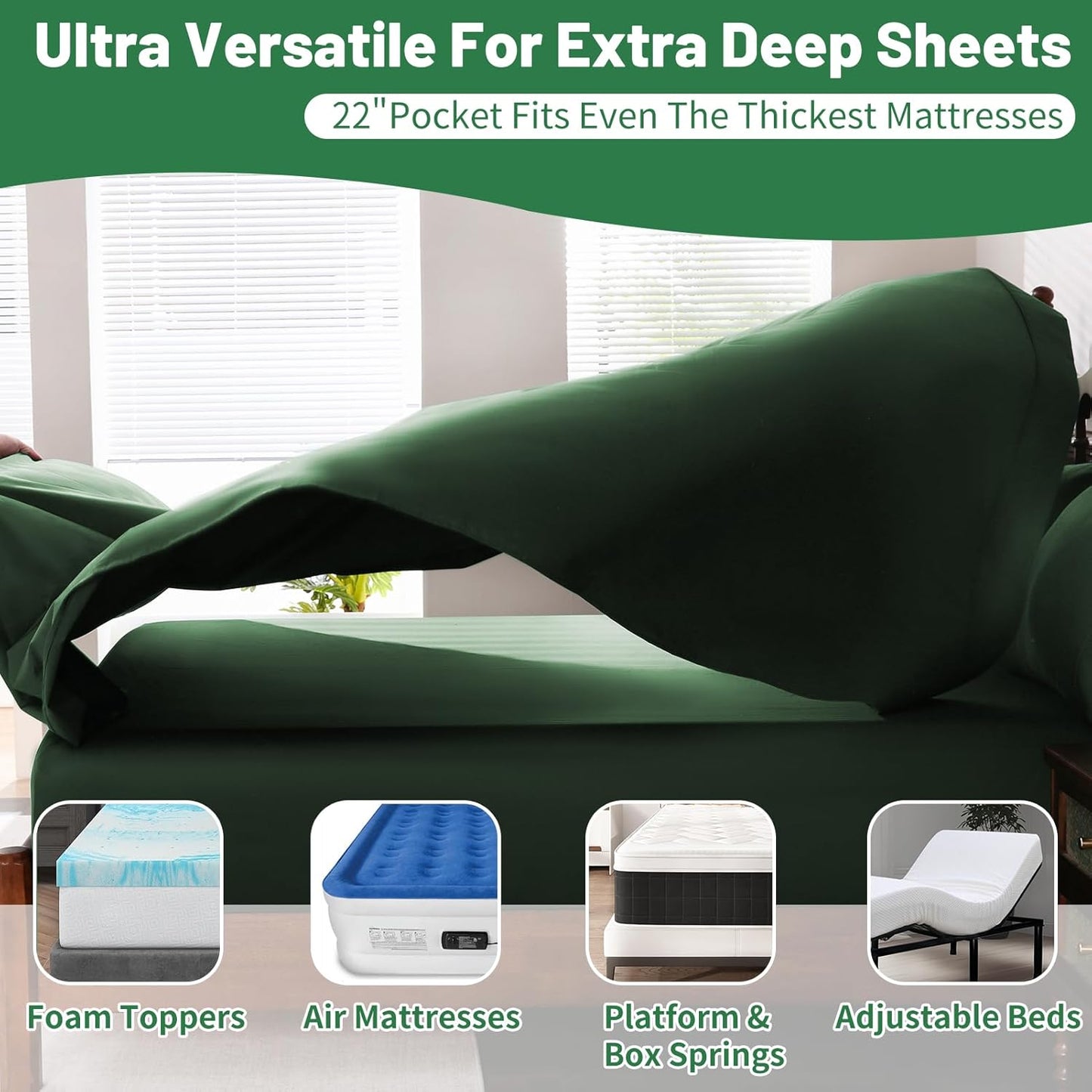 Extra Deep Pocket King Sheets 18-24 Inch 1000 Thread Count 100% Egyptian Cotton Sateen Weave Soft Breathable 4 Pieces（King，Forest Green）