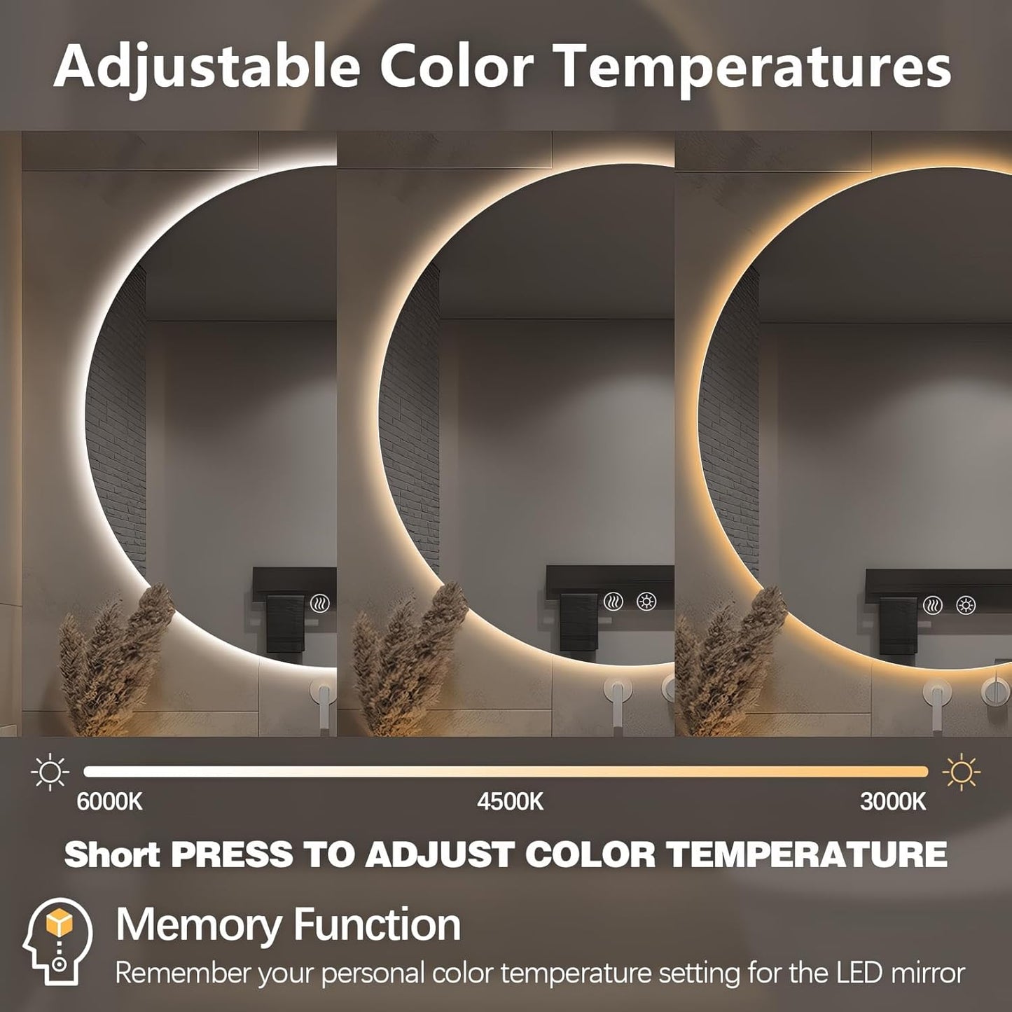 Niccy Round Led Mirror for Bathroom, 30" Circle Frameless Backlit Mirror wiht Light, Anti-Fog, 3 Colors, Waterproof, Memory Function