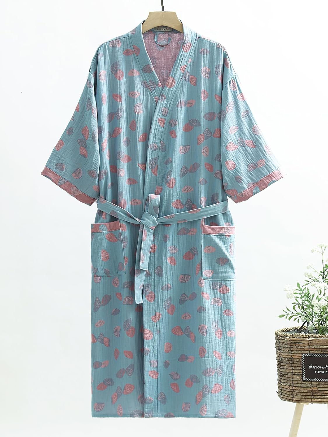 Women Cotton Double Gauze Jacquard Kimono Robe Bathrobe with Belt Pocket Comfortable Loungewear Yukata Sleepwear