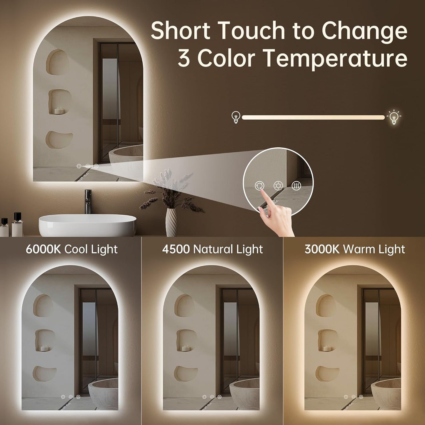 Arched Backlit Mirror Bathroom 24"x36"- Frameless LED Bathroom Mirror with Lights, Fogless, Dimmable, 3 Color Changing, Shatterproof, Touch Sensor