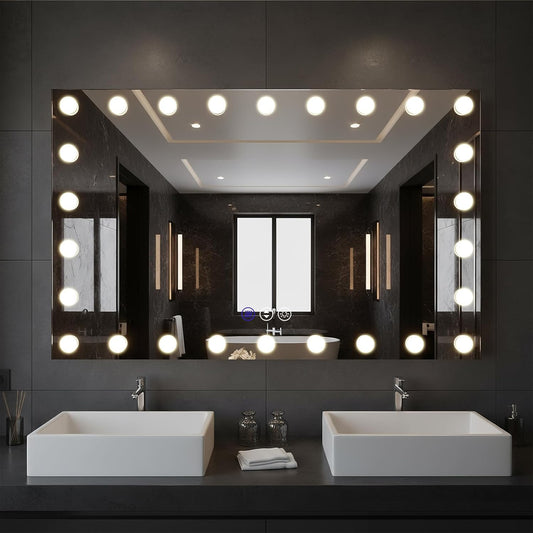 55x36 LED Bathroom Mirrors for Over Sink, Makeup Mirror with LED Bulbs, 3 Colors and Stepless Dimmable CRI90+, Anti-Fog Mirror, Shatter-Proof, Waterproof, Anti-Corrosion, Memory, Wall Mounted