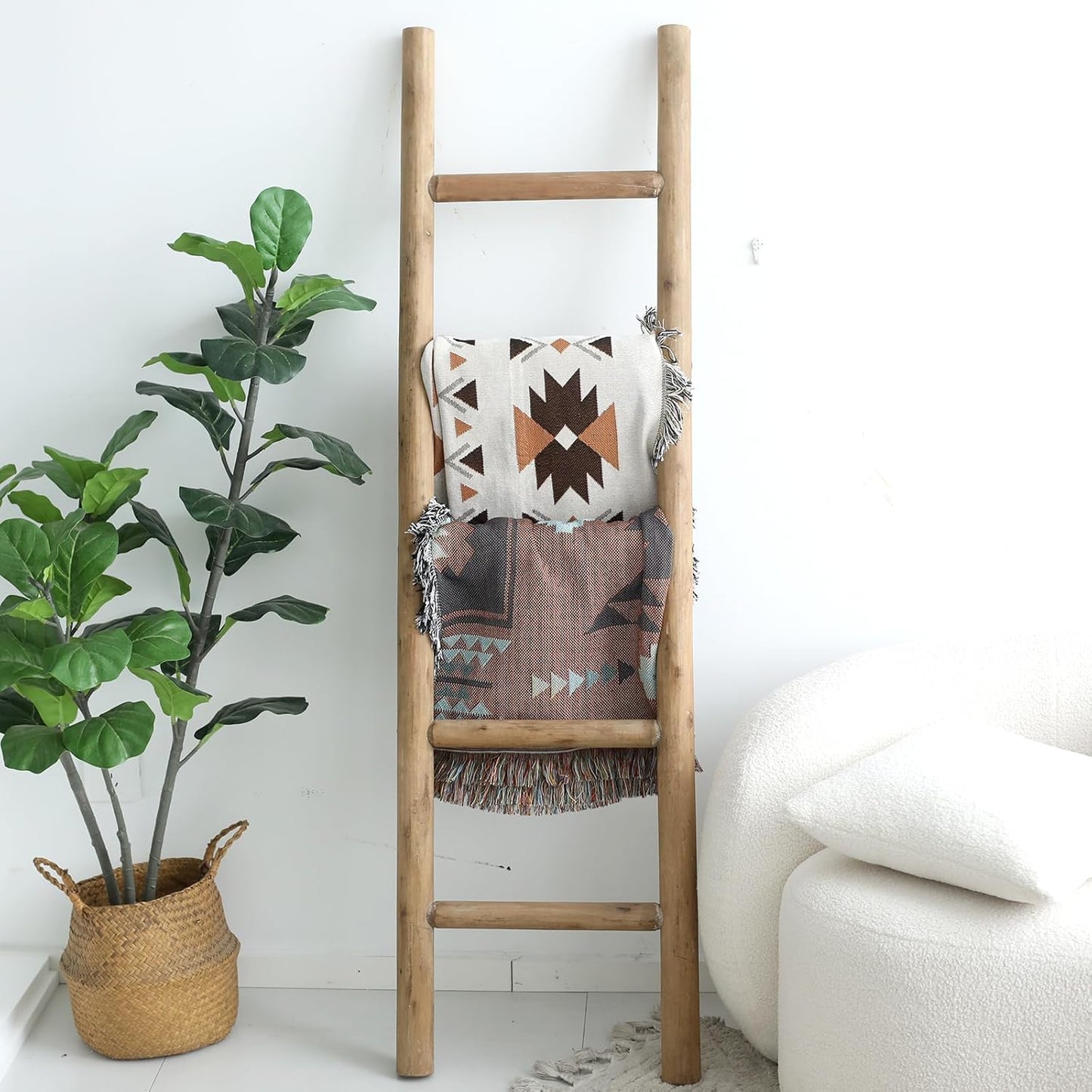 FUIN 57in Wood Blanket Ladder Living Room Decorative Wall Leaning Farmhouse Quilt Display Holder Rustic Wooden Towel Rack for Bathroom, Brown