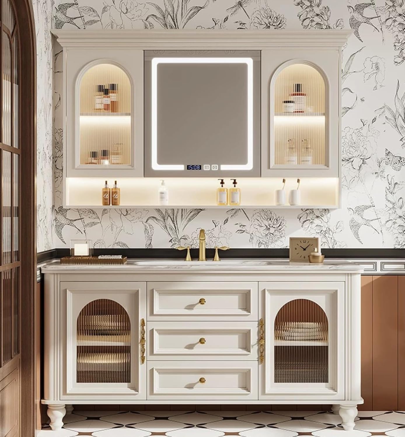 Freestanding Bathroom Vanity with Sink, Solid Wood Bathroom Vanity Set, Vintage Bathroom Vanities with Large Capacity Storage Cabinet and Open Shelf, Elegant Vanities (White,48")