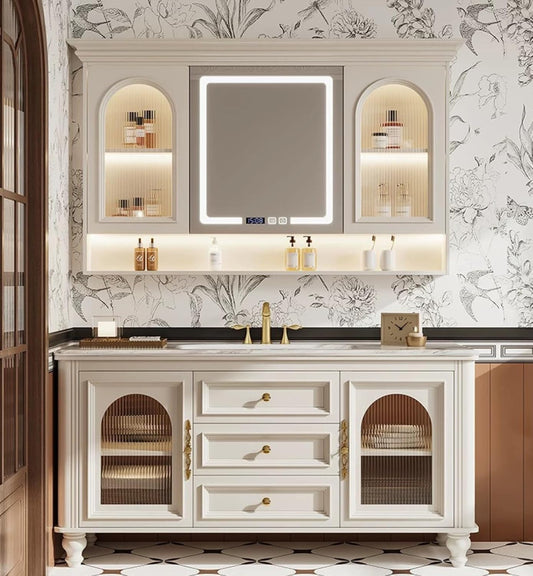 Freestanding Bathroom Vanity with Sink, Solid Wood Bathroom Vanity Set, Vintage Bathroom Vanities with Large Capacity Storage Cabinet and Open Shelf, Elegant Vanities (White,84")