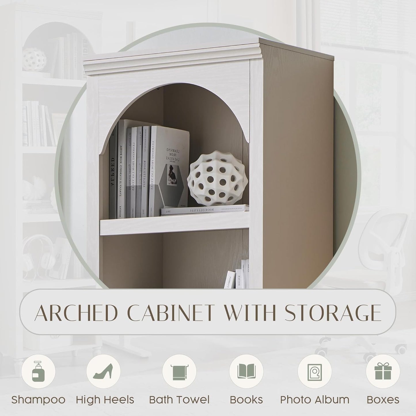 76" Tall Arched Bathroom Storage Cabinet, 5 Tiers Narrow Farmhouse Arched Cabinet w/Adjustable Shelves, Modern Wooden Storage Cabinet for Bathroom, Living Room, Entryway, Study Room (Cream)