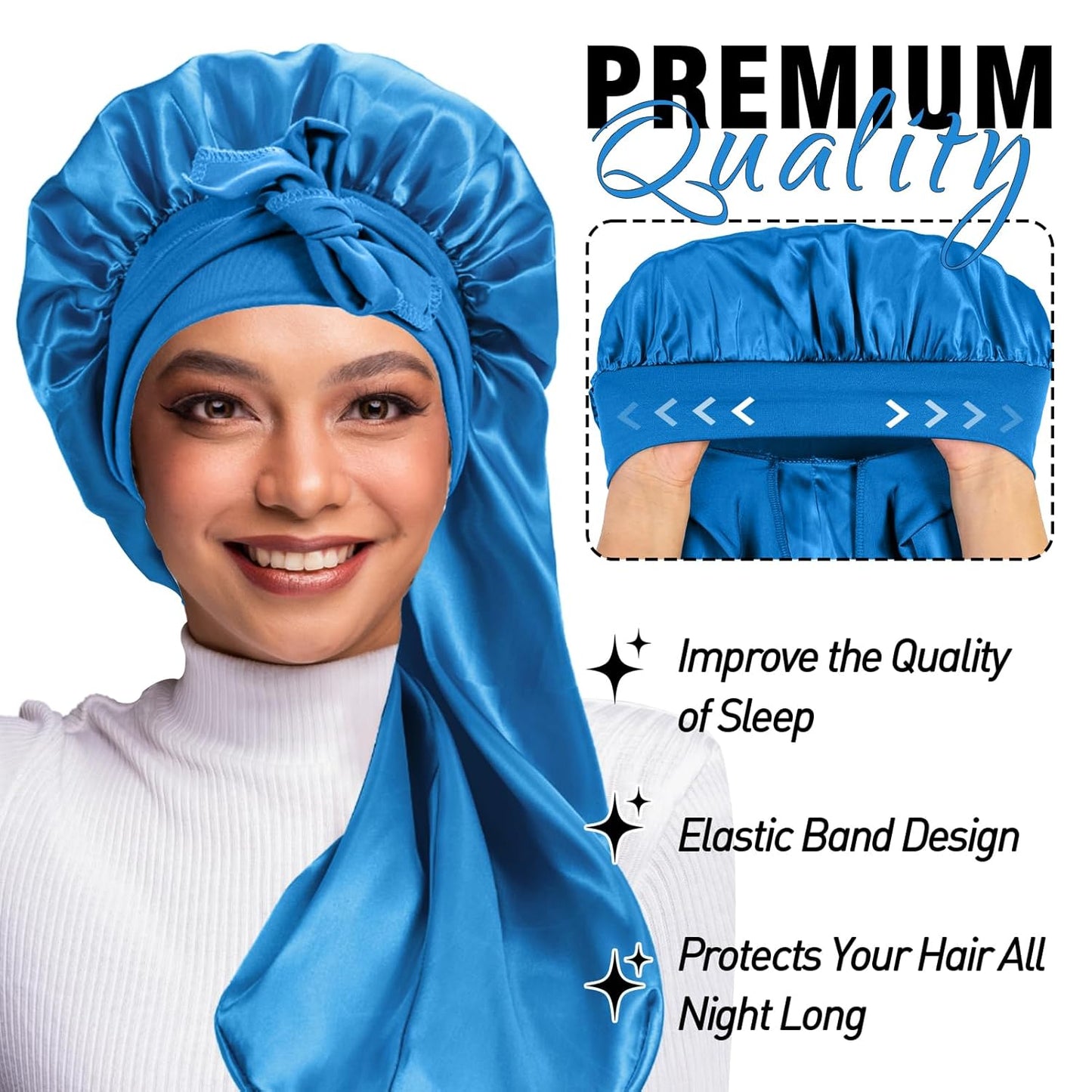 2Pcs Bonnets for Black Women Braid Bonnet, Large Long Satin Bonnet for Braids, Silk Bonnet with Stretchy Tie Band Sleep Cap Hair (2Pcs-Black&Blue)