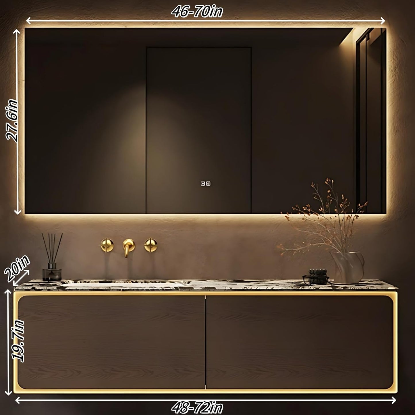52IN Bathroom Vanity Set with a Single Sink - Embedded Sensor Light Strip & Large Capacity Floating Cabinet | Modern Bathroom Vanities with Defogging Mirror Surface & LED Lighting (Mirror)