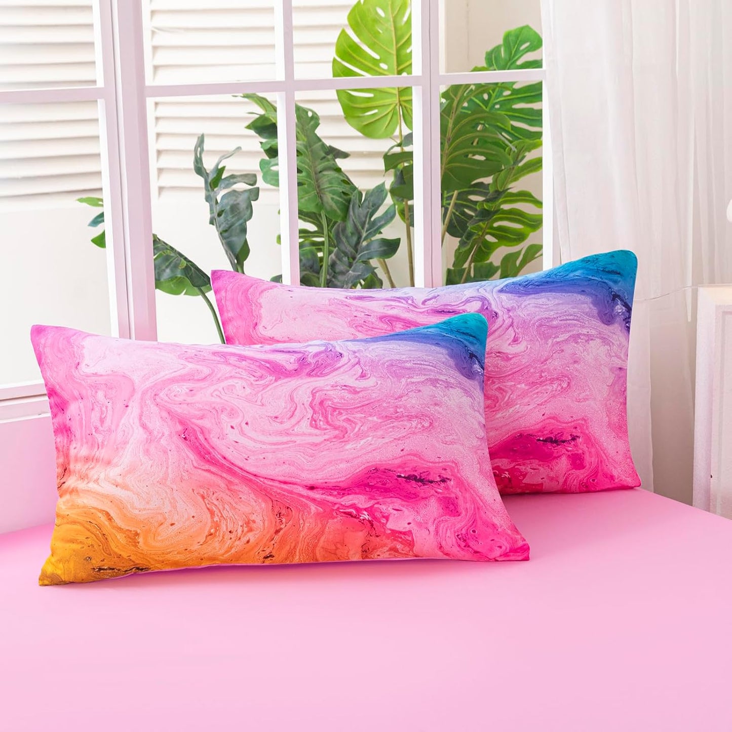 4Pcs Pink King Comforter Set for Girls Kids, Tie Dye Colorful Watercolor Marble Bedding Set King(1 Comforter, 1 Flat Sheet, 2 Pillowcases)