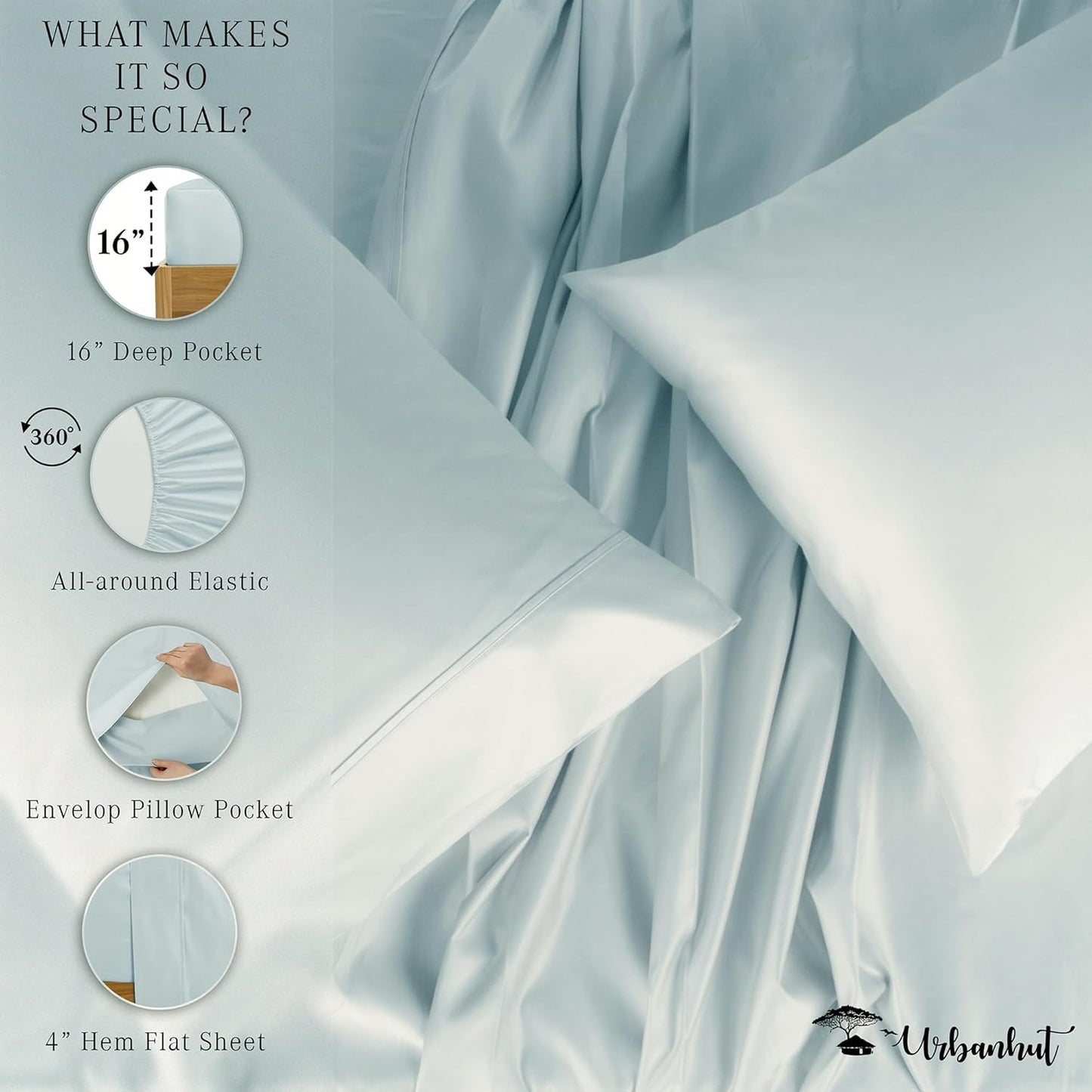 URBANHUT 1000 Thread Count California King Sheet Set Egyptian Cotton, Long Staple Soft & Breathable, 4 Pc Bed Sheet Sets, Luxury Hotel Sateen Sheets Fits 16" Deep Pocket - Light Blue