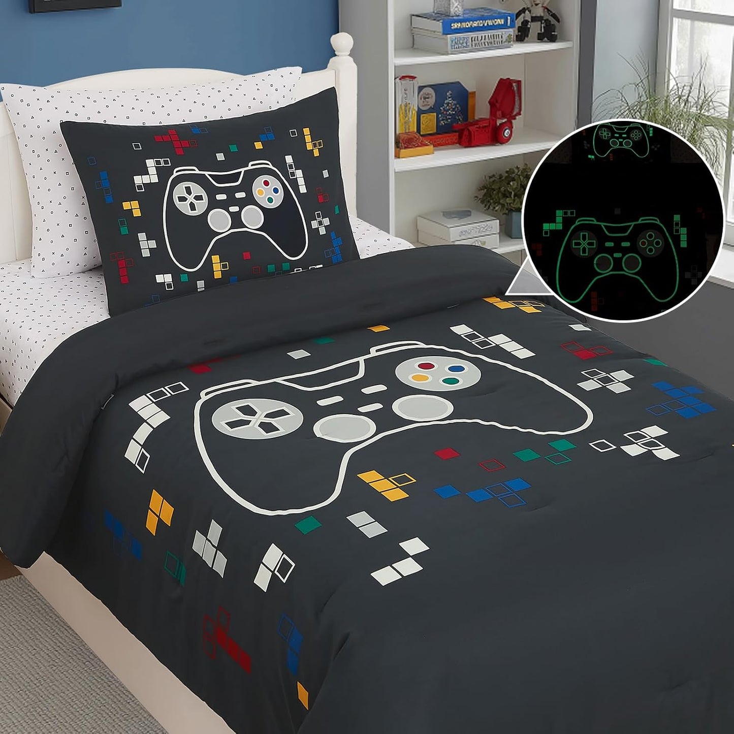 Twin Comforter Set for Boys-5 Pieces Gamer Glow in The Dark Twin Bedding Sets for Kids, Ultra Soft Bed in A Bag with Sheets
