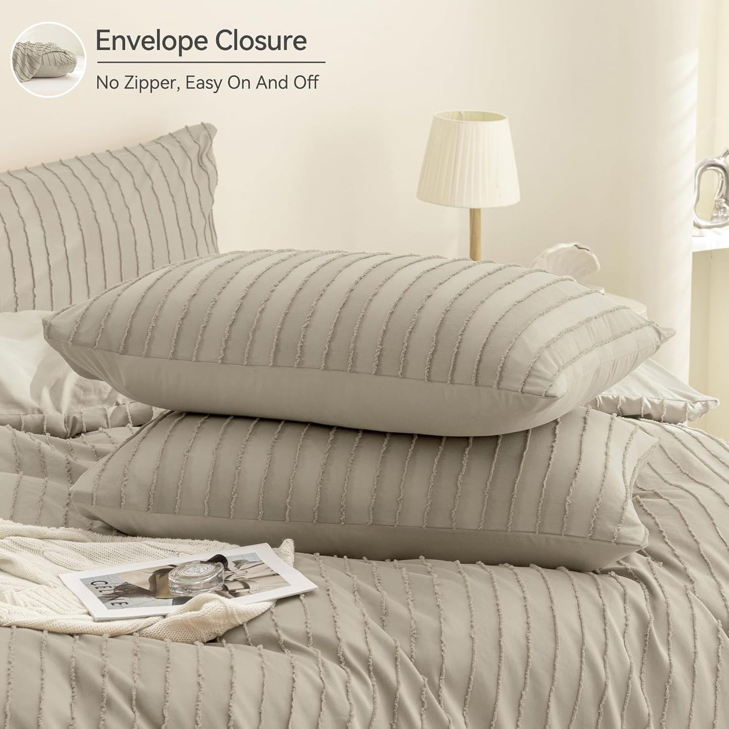 JELLYMONI Duvet Cover King Size Khaki - 3PCS Boho Striped Duvet Cover Set Polyester Tufted Bohemian Textured Comforter Cover 104×90in with Corner Ties & Zipper and 2 Pillowcases