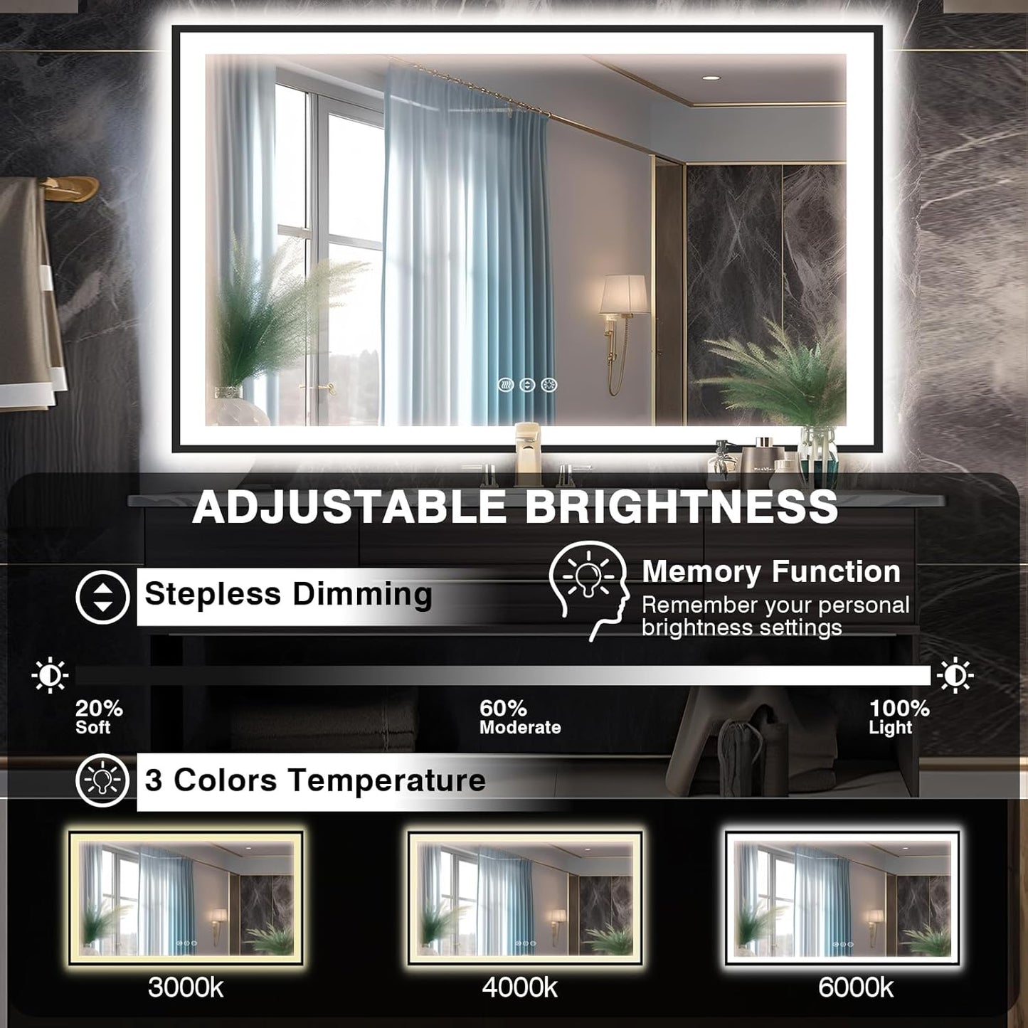 60x40 LED Mirror for Bathroom - Matte Black Framed, Anti-Fog Vanity Mirror with Lights, Stepless Dimmable, 3 Colors Smart