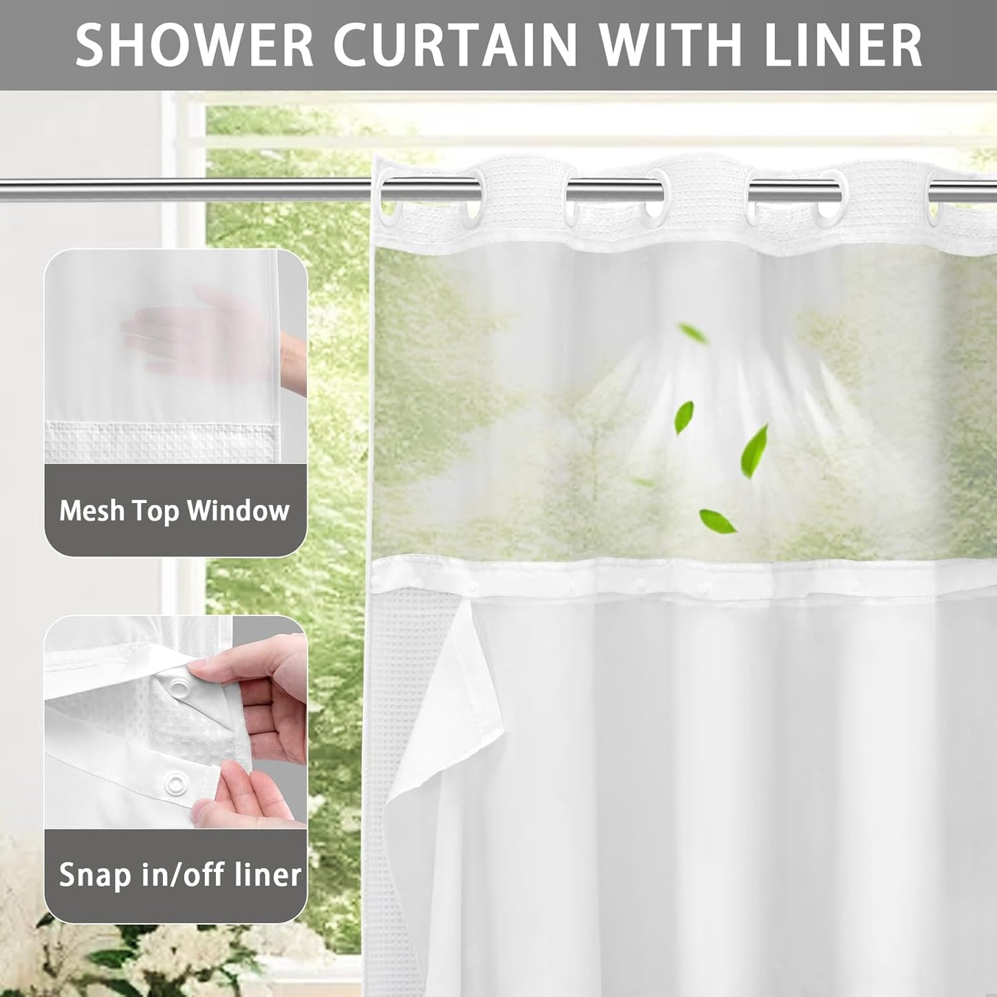 YellyHommy No Hook Shower Curtain with Snap in Fabric Liner Set Less Time White Waffle Shower Curtain for Bathroom 75" L x 78" W