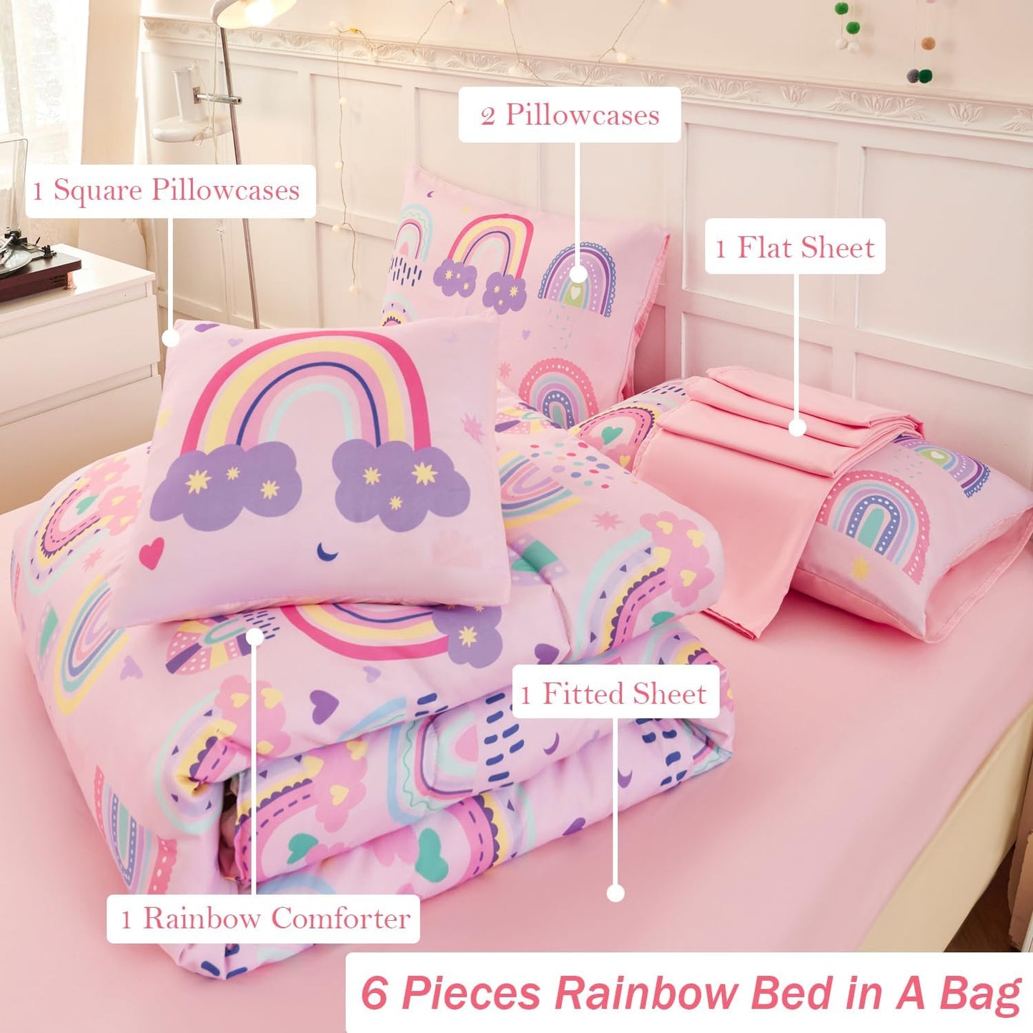 ANGIYUIN 6 Pieces Full Size Kids Comforter Set for Girls Colorful Rainbow Bed in A Bag with Sheets Cute Cartoon Clouds, Stars, Love Hearts Printed Bedding Set for All Season, Pink, Full