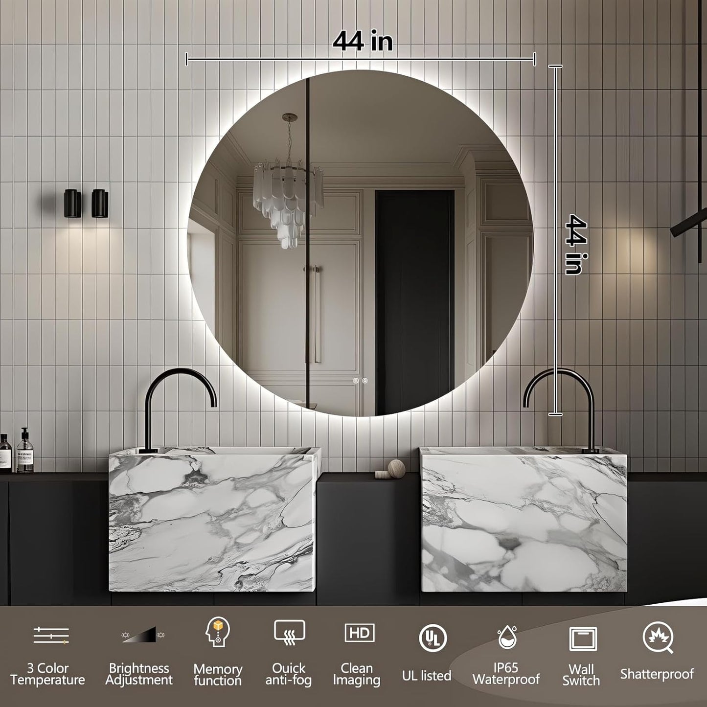 Niccy Round Led Mirror for Bathroom, 44" Circle Frameless Backlit Mirror wiht Light, Anti-Fog, 3 Colors, Waterproof, Memory Function