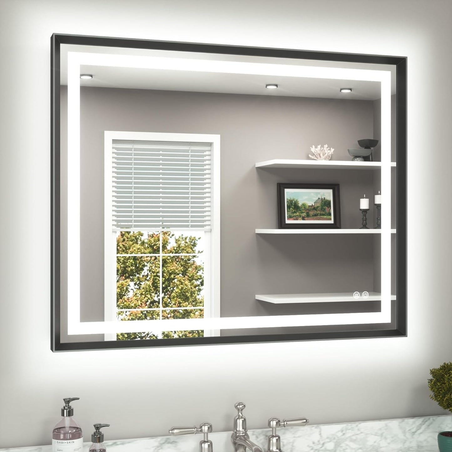 TETOTE 40 x 32 Led Mirror Brushed Black Metal Frame Frontlit & Backlit Vanity Mirror Anti-Fog Stepless Dimmable 3 Colors White/Warm/Natural Wall Mirror with Lights Wall-Mounted