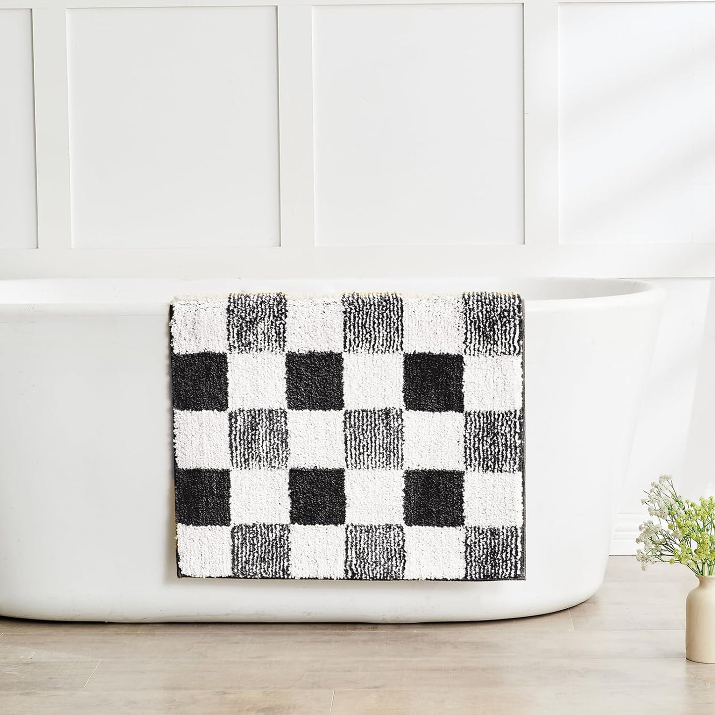 CozeCube Bath mats for Bathroom Non Slip, Fluffy Absorbent Microfiber Bath mat Washable, Aesthetic Bathroom Rugs, Long Jet Black Checkered Bath Runner, Jet Black, 59" x 24"