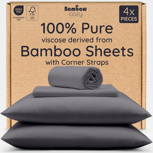 Bambaw 100% Viscose Derived from Bamboo Sheets King Size Set – 4pcs Cooling Deep Pocket King Sheet Set, Fits Up to 16'' with Elastic Corner Straps, Super Soft Sheets, Luxury Bedding (Charcoal)