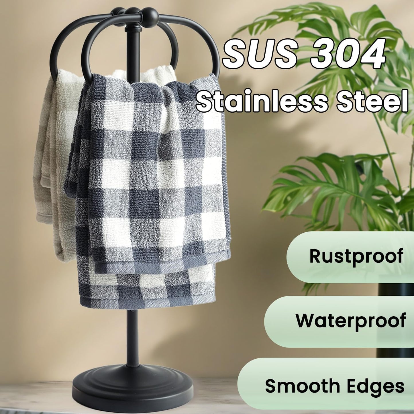 17 Inch Stainless Steel Hand Towel Holder Double Stand Hand Towel Ring for Washcloths or dishcloths Non-Slip Base Free Standing Towel Rack for Bathroom Kitchen (Black)