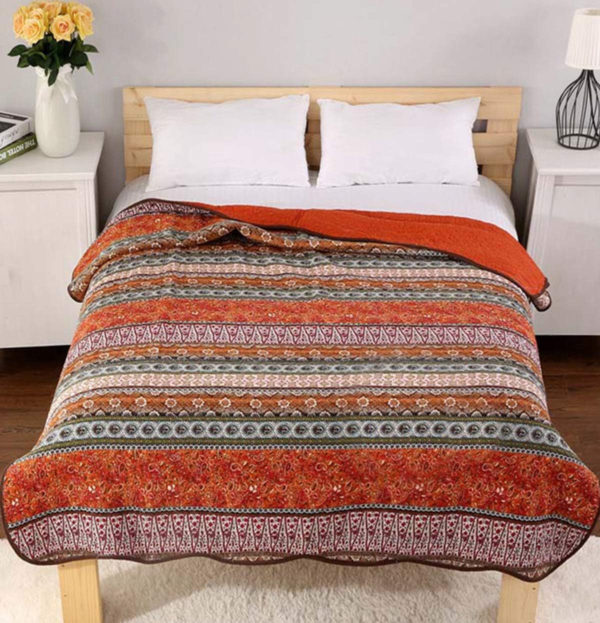 Cozyholy Boho Quilt Twin Size 100% Cotton Quilted Blanket Colorful Bohemian Striped Bedspread Coverlet Reversible Lightweight Stitch Vintage Bed Cover Throw Blanket for Couch Sofa Orange