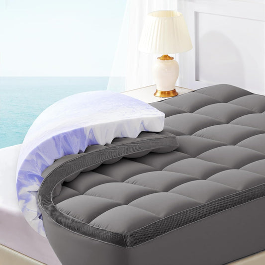 Dual Layer 4 Inch Memory Foam Mattress Topper King - 2 Inch Gel Memory Foam and 2 Inch Pillow Top Mattress Pad, 7-Zone Egg Crate King Size Mattress Topper (Grey)