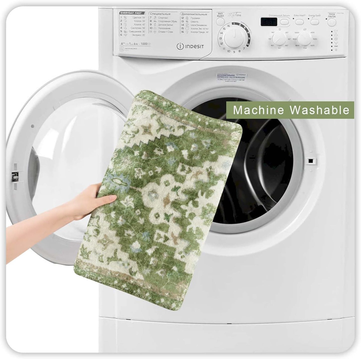 Uphome Boho Retro Bathroom Runner Sage Green Non-Slip Soft Long Bathroom Rugs Runner Oriental Tribal Machine Washable Bath Mat Farmhouse Cute Floral Bath Rug for Sink Tub Kids Room, 18x47 inch