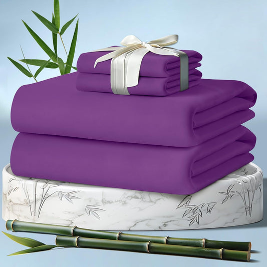 DECOLURE 100% Viscose Derived from Bamboo Sheets Queen Size 4pcs - Ultra Soft & Luxuriously Cooling, 17" Deep Pocket, Double Stitching, Perfect for Hot Sleepers - Queen Bed Sheets (Purple)