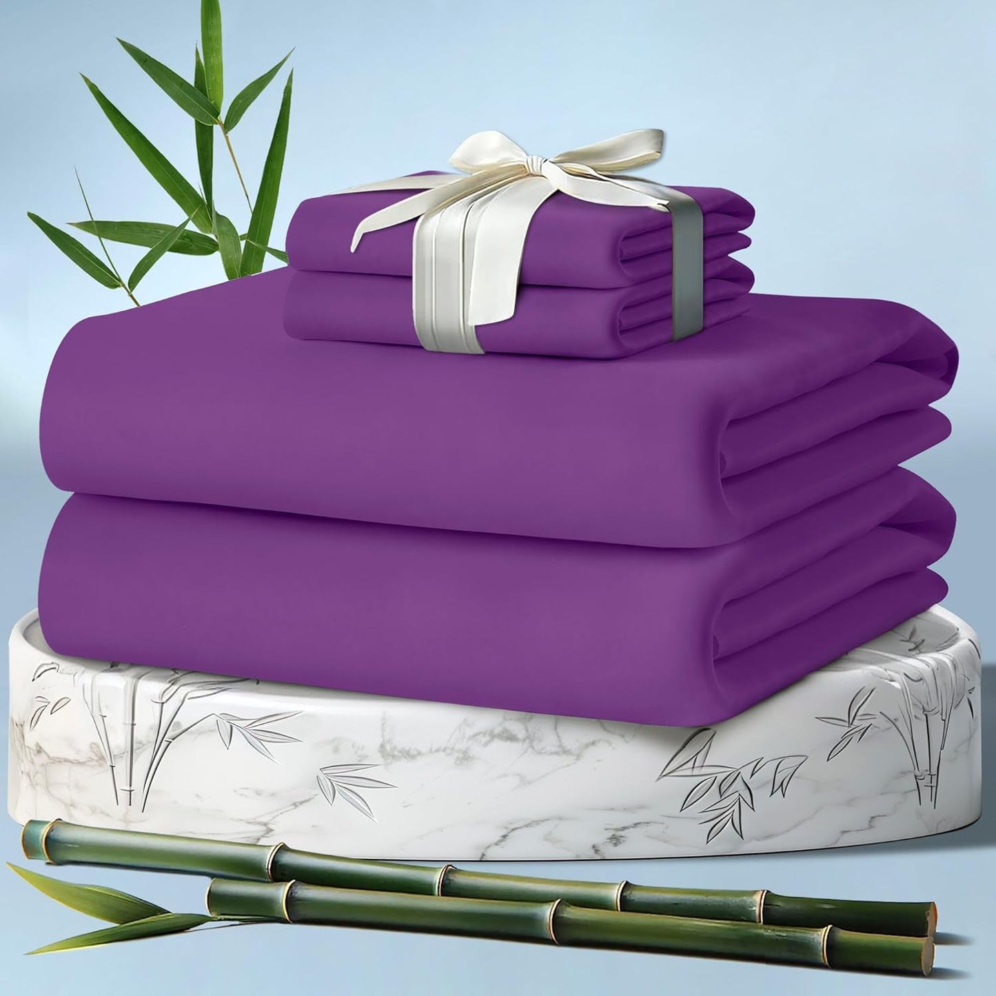 DECOLURE 100% Viscose Derived from Bamboo Sheets Full Size 4pcs - Ultra Soft & Luxuriously Cooling, 17" Deep Pocket, Double Stitching, Perfect for Hot Sleepers - Full Bed Sheets (Purple)