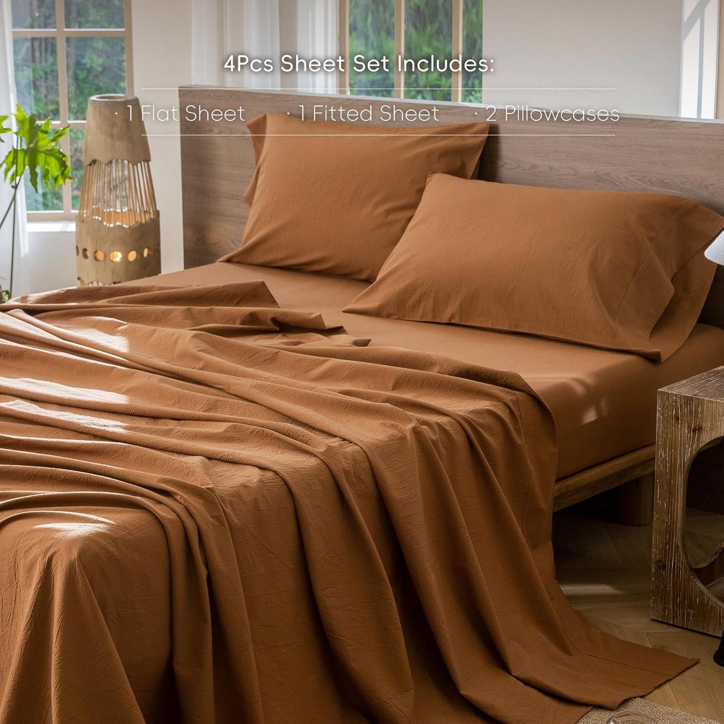 MooMee Bedding Sheet Set 100% Washed Cotton Linen Like Textured Breathable Durable Soft Comfy (Solid Dark Orange, California King)