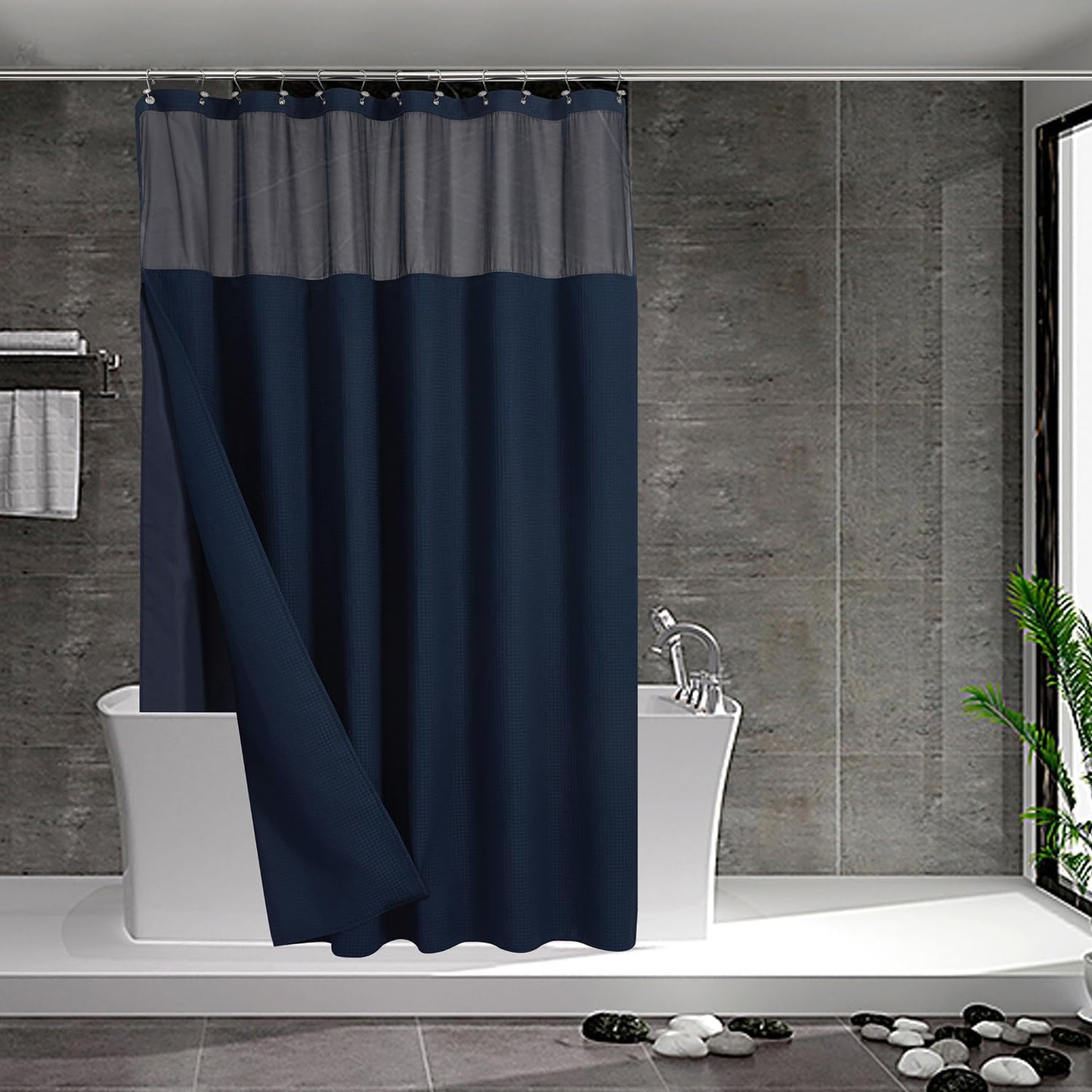 N&Y HOME Waffle Weave Shower Curtain with Snap-in Fabric Liner & Metal Hooks Set - Hotel Style, Mesh Top Window, Water-Repellent & Washable - 71x72, Navy Blue