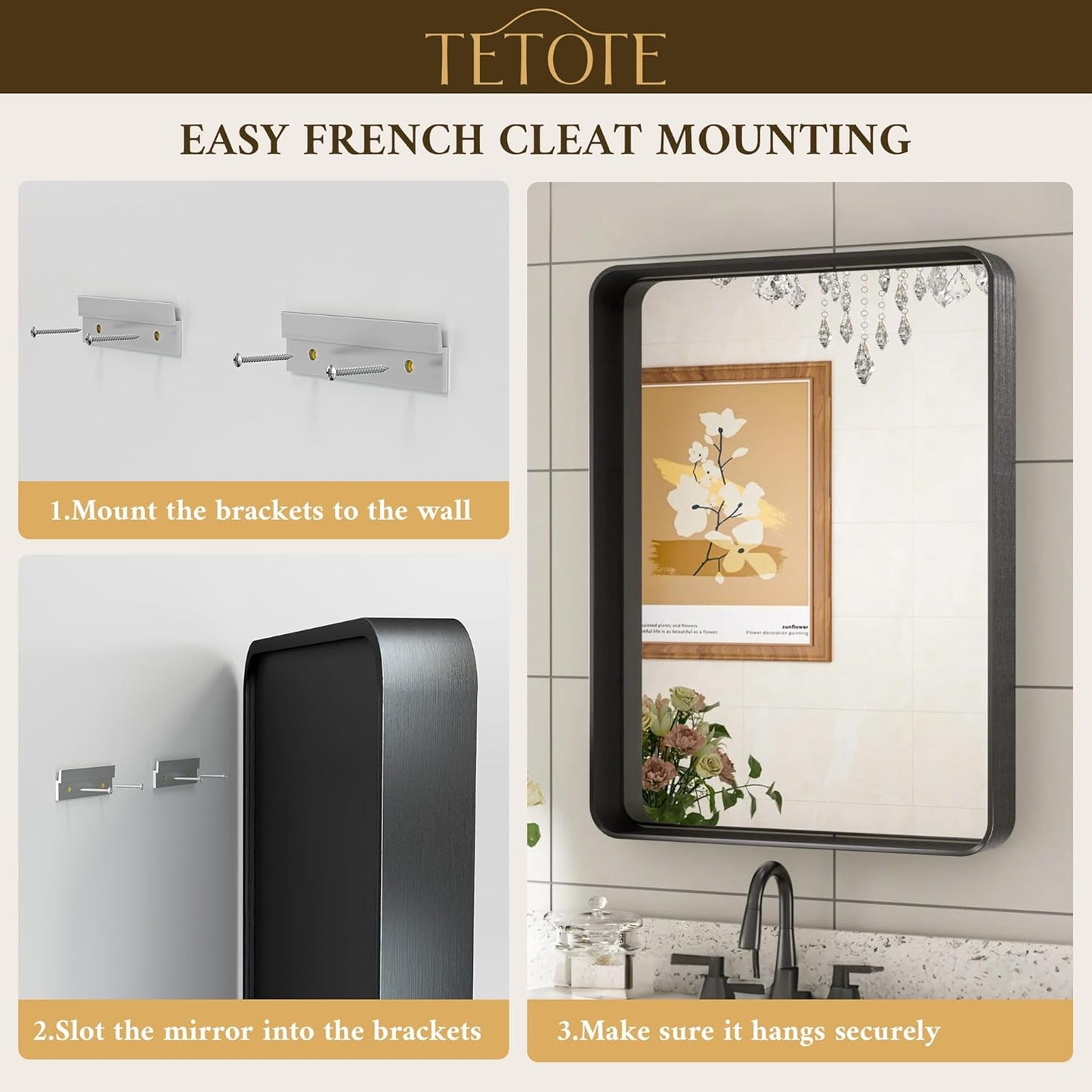 TETOTE 72 x 36 Inch Silver Bathroom Mirror, Rectangle Metal Framed Mirrors for Vanity, Brushed Silver Modern Farmhouse Round Corner Wall Mounted Large Mirror (Horizontal/Vertical)
