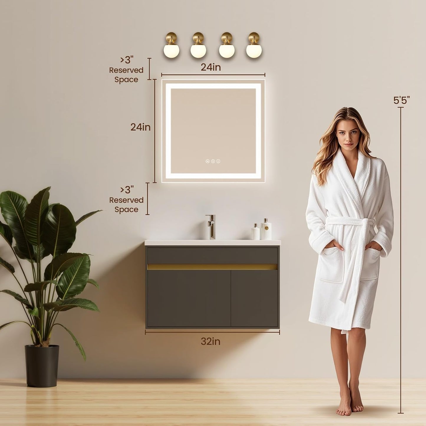 24X24 LED Bathroom Mirror with Lights, Anti-Fog, Backlit + Front Lit (CRI>90), Lighted Bathroom Vanity Mirror for Wall, Memory Function, Dimmable, Tempered Glass, Shatter-Proof, ETL Listed