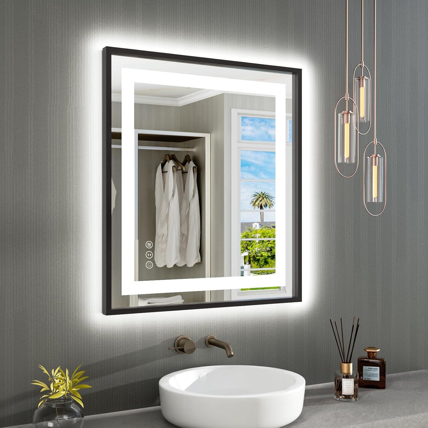 Amorho 28"X32" LED Bathroom Mirror with Black Frame, Front Light and Backlit, Stepless Dimmable, Anti-Fog, Shatter-Proof, Memory, 3 Colors, Double LED Vanity Mirror