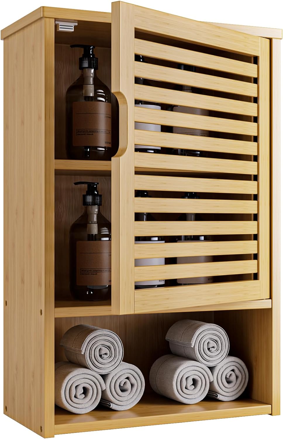 HITNET Bathroom Wall Cabinet, Medicine Cabinet Over The Toilet, Bamboo Hanging Storage Organizer with Single Door and Open Bottom Shelf, for Kitchen Living Room, Natural