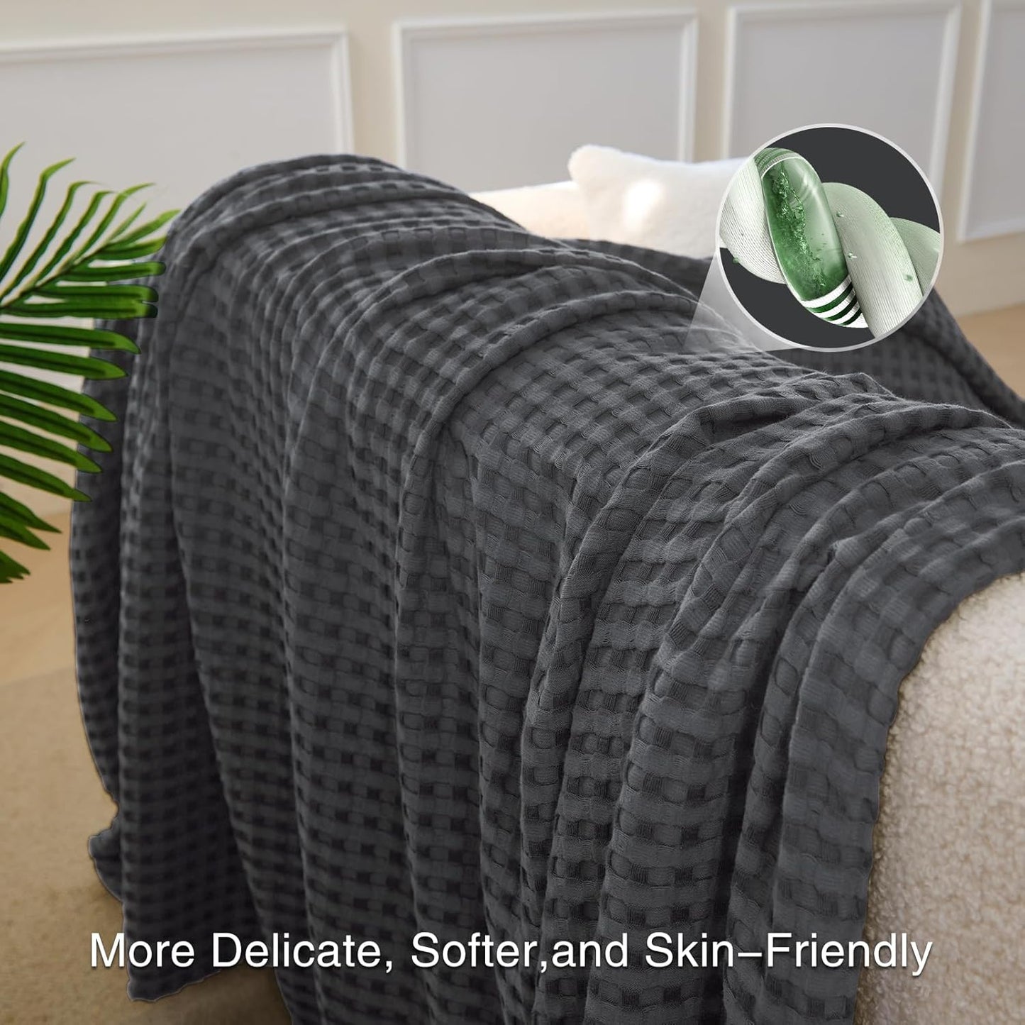 Aganear Waffle Blanket - Lightweight Breathable Summer Blanket of 50% Cotton and 50% Rayon Derived from Bamboo for Hot Sleepers Luxury Throws for Bed, Couch and Sofa,Dark Grey,90x90 Inches