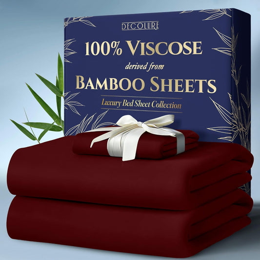 DECOLURE 100% Viscose Derived from Bamboo Sheets Twin Size 3pcs - Ultra Soft & Luxuriously Cooling, 17" Deep Pocket, Double Stitching, Perfect for Hot Sleepers - Twin Bed Sheets (Burgundy)