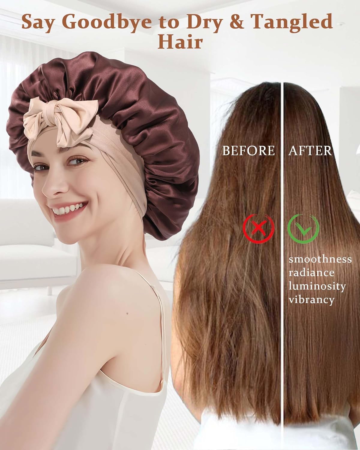 100% Mulberry Silk Bonnet for Sleeping Women Double Layer Silk Hair Bonnet Natural Silk Sleep Cap with Elastic Reversible Hair Wrap (Coffee + Champagne)