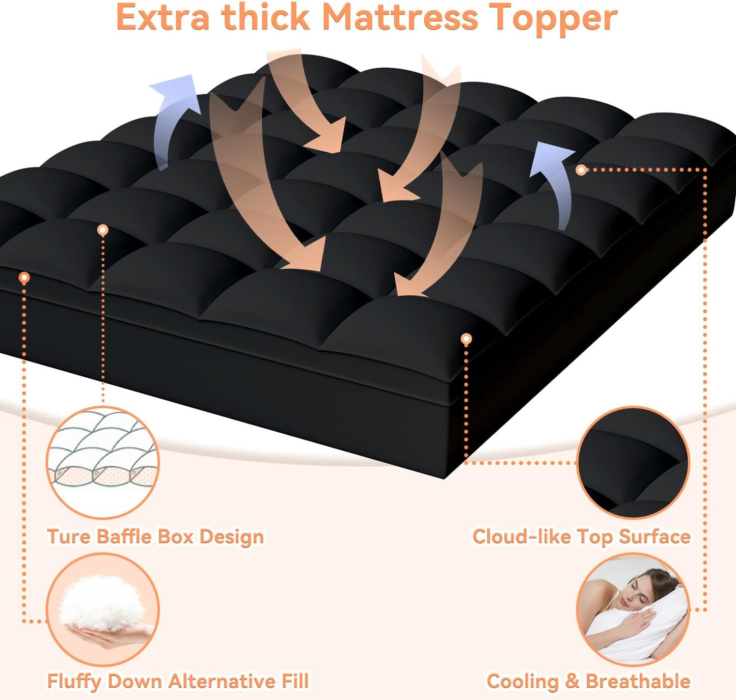 Topllen Queen Mattress Topper for Back Pain Relief, Extra Thick Pillow Top Plush Mattress Pad with Deep Pocket, Soft Pillowtop Queen Size Bed Toppers Filled Fluffy Down Alternative, Black