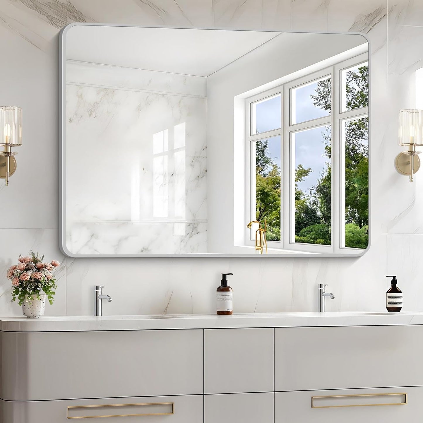 48x36 Inch Silver Bathroom Mirror, Large Rectangular Vanity Mirror, Metal Framed Rectangle Mirrors, Rounded Corner Wall Mounted Mirrors for Living Room Bedroom Entryway Horizontal or Vertical