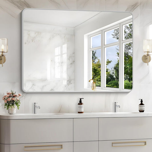 48x36 Inch Silver Bathroom Mirror, Large Rectangular Vanity Mirror, Metal Framed Rectangle Mirrors, Rounded Corner Wall Mounted Mirrors for Living Room Bedroom Entryway Horizontal or Vertical