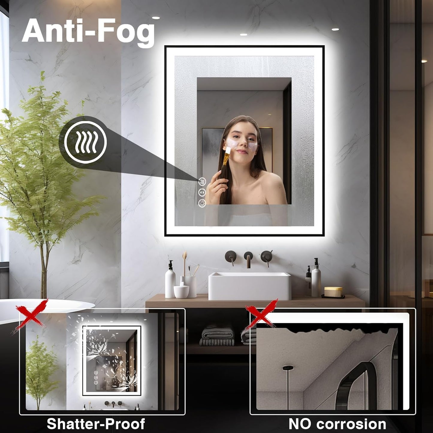 32x36 LED Bathroom Mirror - Black Border (Front and Backlit), Anti-Fog Vanity Mirror with Lights,Stepless Dimmable Illuminated Mirror,3 Colors Smart Mirror(Horizontal/Vertical)